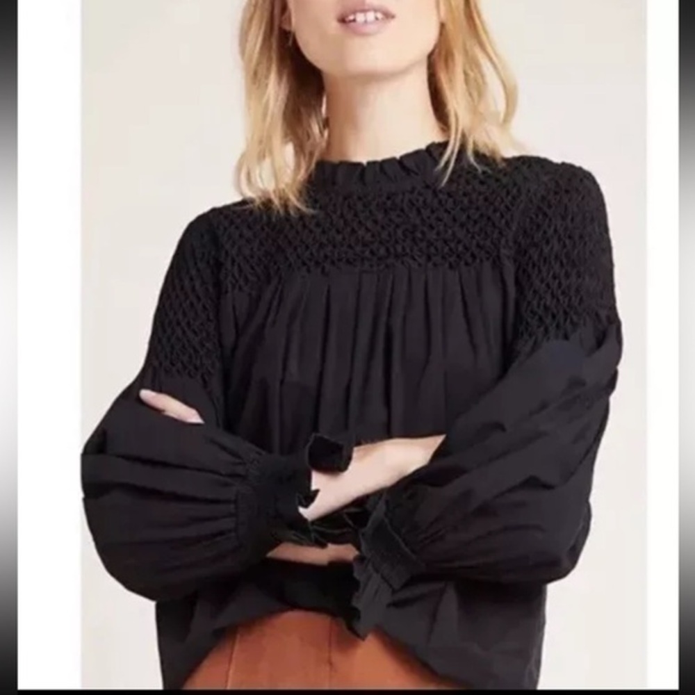 Anthropologie Maeve Modern Peasant Smocked Puff Sleeve Blouse Oversized
